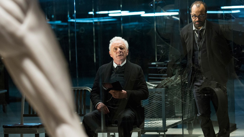 Robert Ford (Anthony Hopkins) and Bernard Lowe (Jeffrey Wright) watch the creation of new robot hosts in the HBO TV show "Westworld." Credit: HBO