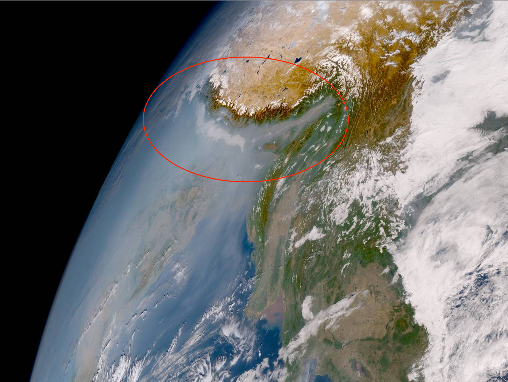 A Himawari-9 view of the Himalaya, Tibetan Plateau, India and parts of Southeast Asia. The Himalaya, and a pall of air pollution, are circled. (Source: Japan Meteorological Agency)