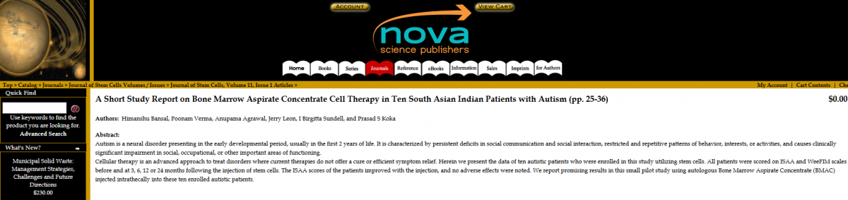 Unethical “Stem Cell” Therapy for Autism In India?