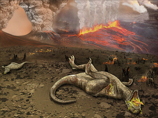 Some 66 million years ago, the end-Cretaceous extinction event killed off the dinosaurs and other animals, but it wasn't the biggest die-off. And yes, I know the depiction here is a bit dramatic...this one goes out to all the people a little too into extinction level events. (Credit: National Science Foundation/Zina Deretsky)