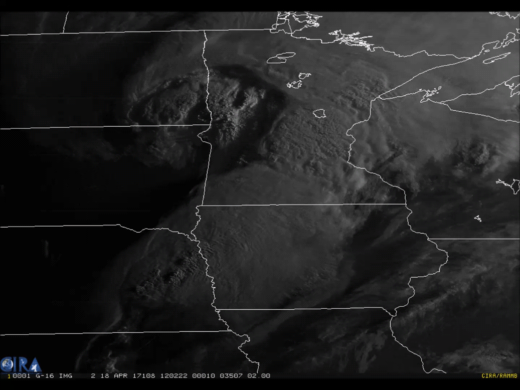 GOES-16 captured this view of a cyclonic cloud system pushing across Minnesota on April 18, 2017. (Source: CIRA/RAMMB/NOAA)