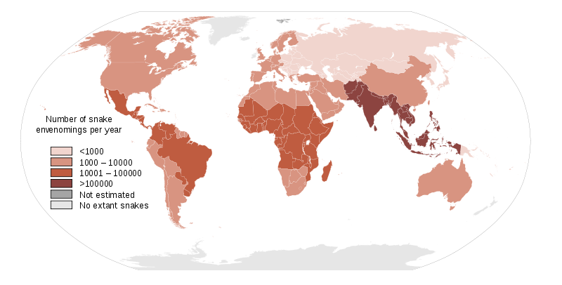 Map showing the number of global snake envenomings, based on data by Kasturiratne et al. 2008.