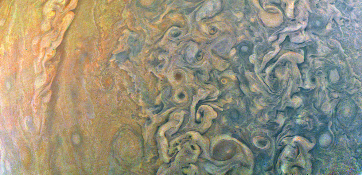 A processed, closeup image of Jupiter's swirling cloud-tops, based on raw data acquired by the Junocam instrument aboard NASA's Juno spacecraft on May 19, 2017. (Source: Raw imagery: NASA / SwRI / MSSS. Processing: Tom Yulsman)