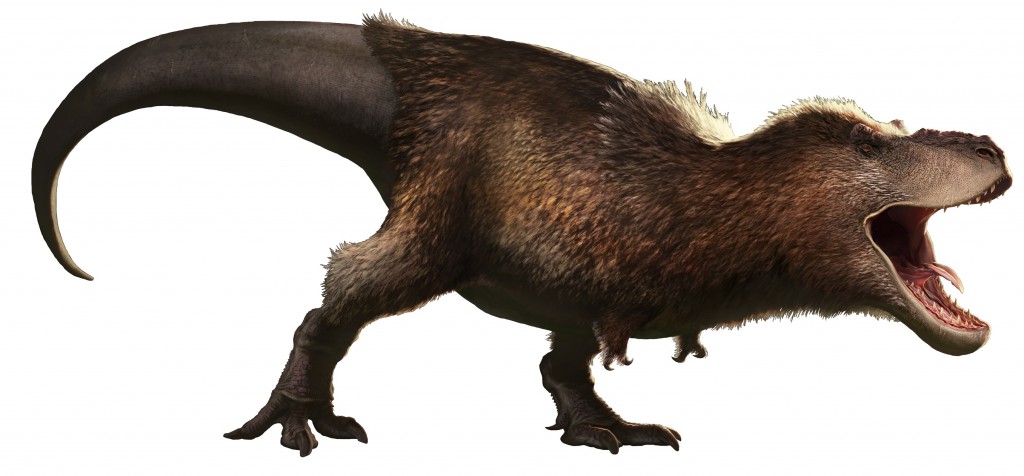 Billed as a "modern scientific reconstruction of Tyrannosaurus rex, this guy already needs an update thanks to today's study which strips the fanciful feathers off the famous dinosaur. (Credit RJPalmer/Wikimedia Commons)