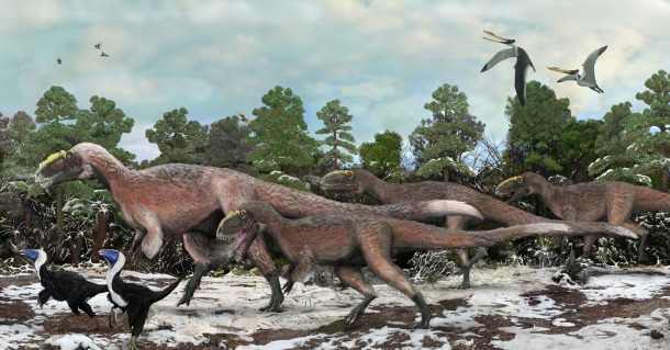 Artist's rendering of a pack of Yutyrannus surrounded by smaller but equally fluffy dinosaurs. (Credit Brian Choo)