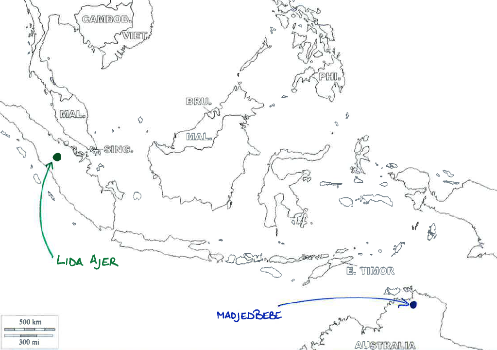 Approximate locations of the sites of Lida Ajer (in green) and Madjedbebe (in blue) which suggest modern humans were in the region much earlier than once thought.