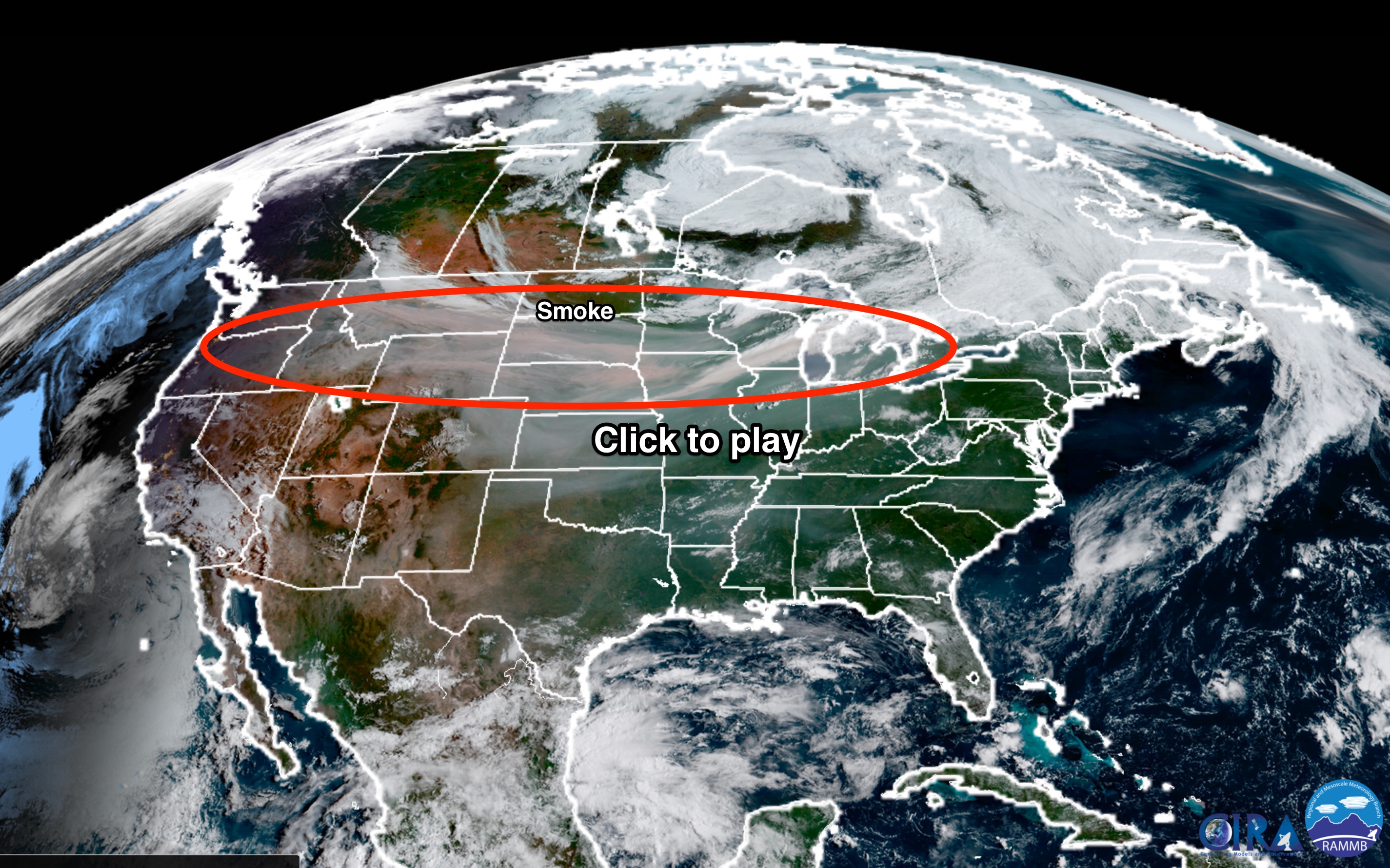 An animation of GOES-16 satellite imagery acquired early on Monday, Sept. 4, 2017, shows huge amounts of smoke blowing across much of North America. (Source: RAMMB/CIRE)