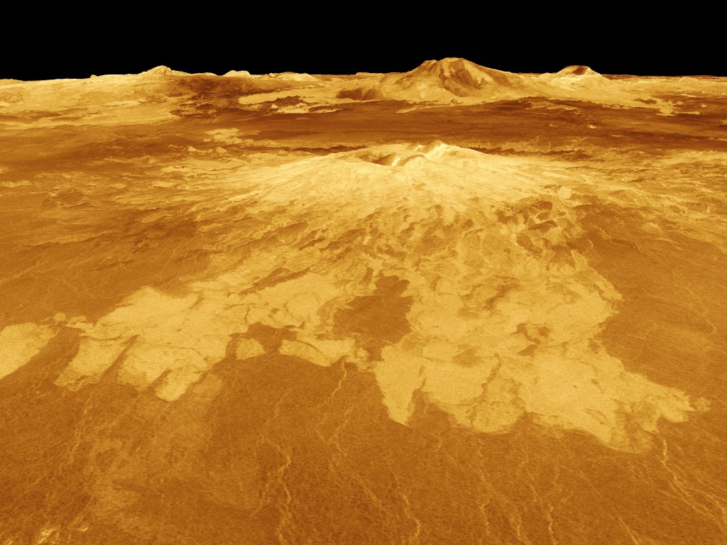 Magellan radar image of Sapas Mons, a volcano on Venus. The lighter colors are younger lava flows. NASA