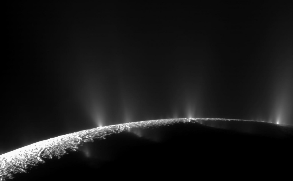 Plumes from the southern polar region of Enceladus, seen by Cassini. NASA