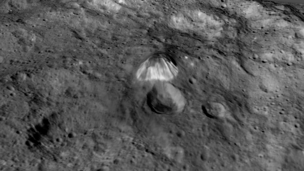 The steep-sized ice mountain on the surface of the asteroid Ceres, seen by the Dawn orbiter. NASA