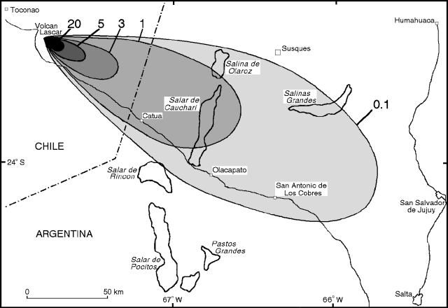 An isopach map for an eruption of Lascar in 1993. Each labeled line is of equal thickness of volcanic debris and the shape of the deposit is controlled by the wind direction during the eruption. J. Viramonte, Instituto Geonorte