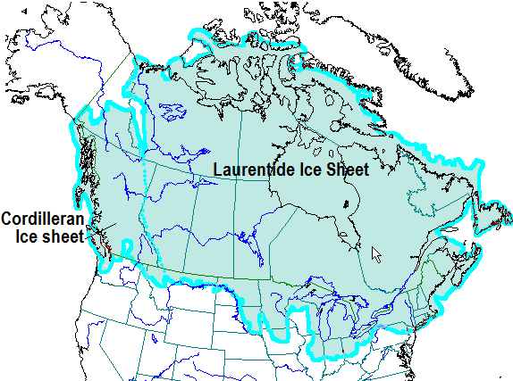 Approximate positions of the Cordilleran and Laurentide Ice Sheets before the big melt for those who, like me, enjoy maps. (Credit goes here)