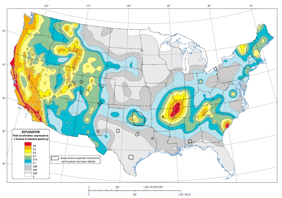Map showing the potential for earthquakes across the United States in the next 50 years (mapped as ground acceleration - shaking). Areas in black boxes are places where human-induced earthquakes have occurred and were not included in the hazard assessment. USGS.