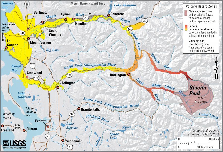 USGS hazard map for Glacier Peak, showing the potential paths of volcanic mudflows (lahars) that could reach cities over 60 kilometers from the volcano. USGS/CVO.