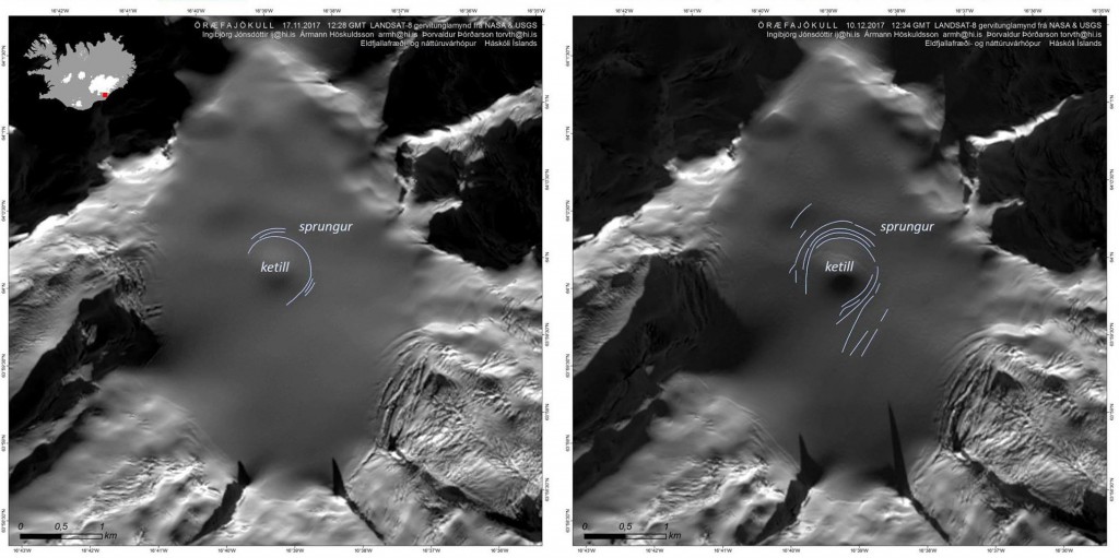 Landsat 8 images of Öræfajökull on November 17 and December 10, 2017 showing the growing ice cauldron. USGS/NASA, courtesy of the Volcanology and Natural Disasters Group of the University of Iceland.