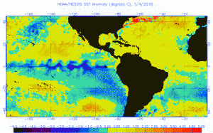 Sea surface temperature anomalies in the Western Hemisphere on Jan 4, 2017