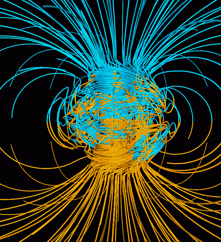 Computer simulation of the magnetic field lines in the Earth's dynamo, generated by the convecting outer core. Wikipedia - Dr. Gary A. Glatzmaier - Los Alamos National Laboratory - U.S. Department of Energy.