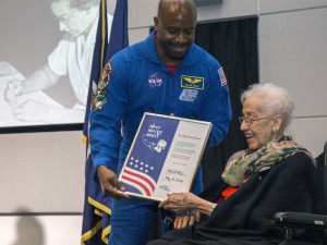 Leland Melvin with Katherine Johnson at NASA's Langley Research Center in 2016 (Credit: Credits: NASA/David C. Bowman)