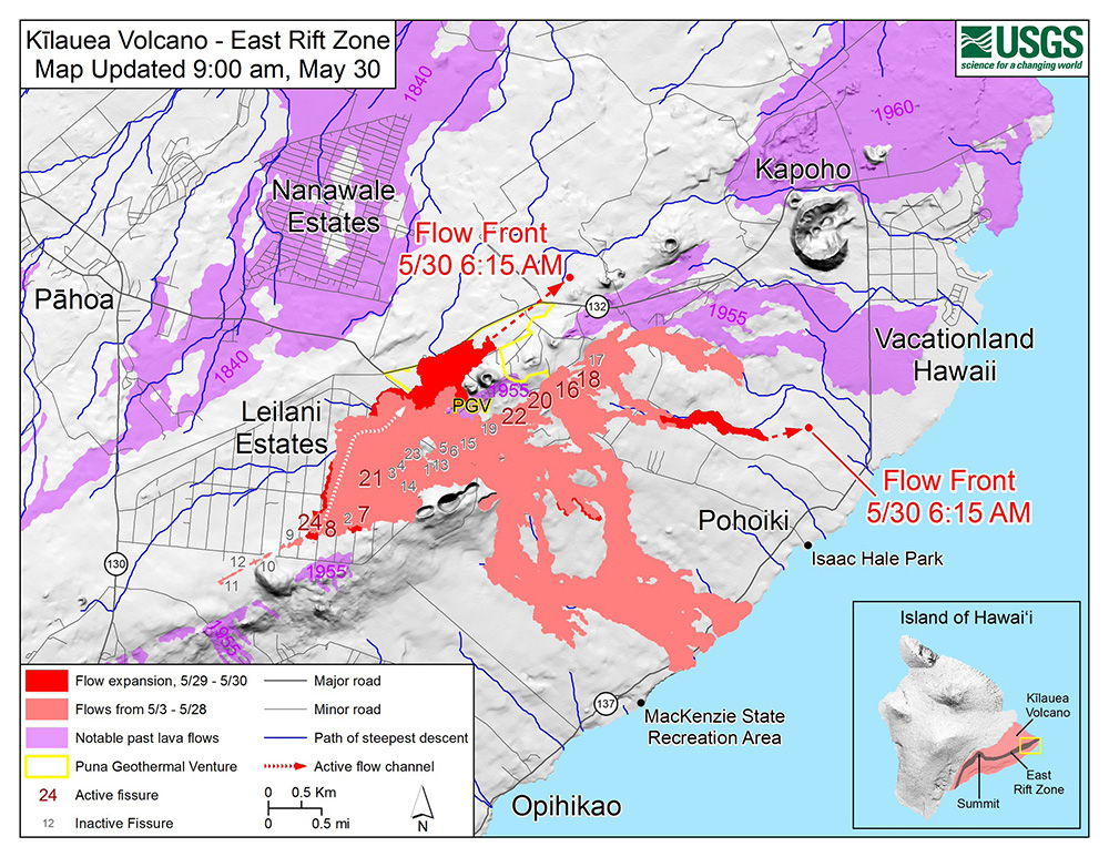 May 30 lava flow map for the Leilani Estates fissure eruption on Kīlauea's lower East Rift Zone. USGS.