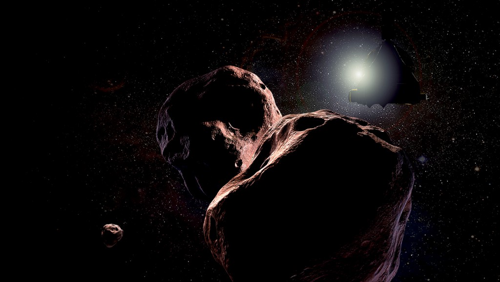 An artist's impression of what the Ultima Thule flyby may look like. The object appears to be binary or double-lobed. (Credit: NASA/JHU-APL/SWRI/Steve Gribben)