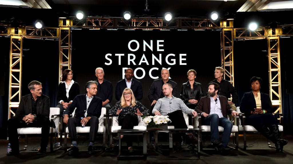 NASA's top astronauts flank the creators of One Strange Rock. Peggy Whitson is in the back row, second from right. (Credit: National Geographic)