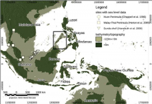 An example of how much land can be exposed during periods of sea level drop. A team of researchers not involved in today's study created this map in 2015 as a paleogeographical reconstruction of Palawan Island, in the Philippines. The site mentioned in the new research is from the northern part of Luzon, top center of the map. (Credit Robles, Emil, et al. "Late Quaternary sea-level changes and the palaeohistory of Palawan Island, Philippines." The Journal of Island and Coastal Archaeology 10.1 (2015): 76-96.)