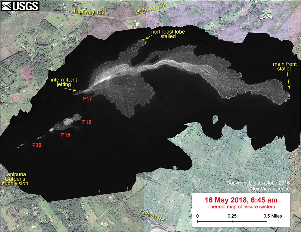 Thermal image of the easternmost portion of the Leilani Estates fissures. This image shows the hotter lava in lighter grey and cooled lava in black. USGS/HVO.