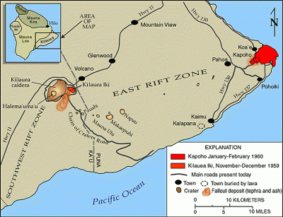 Map of the East Rift zone on Kilauea, showing Pu'u O'o and Highway 130 to the east. The space between the two is where earthquakes and deformation are currently occurring. USGS/HVO.