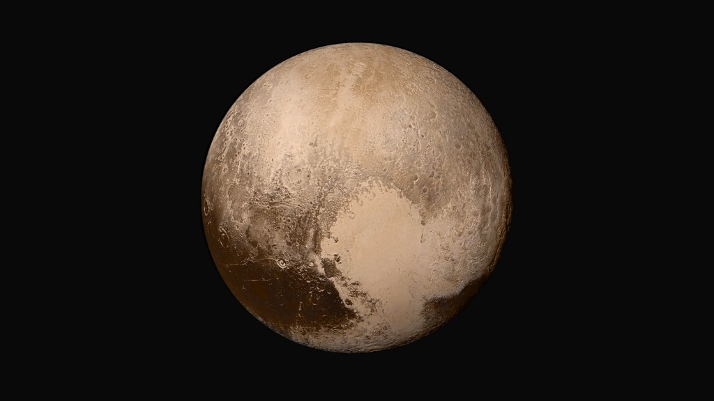 The iconic image of Pluto and its giant "heart"--an ancient impact filled with nitrogen ice, possibly with liquid water lurking below. (Credit: NASA/JHU-APL/SWRI)