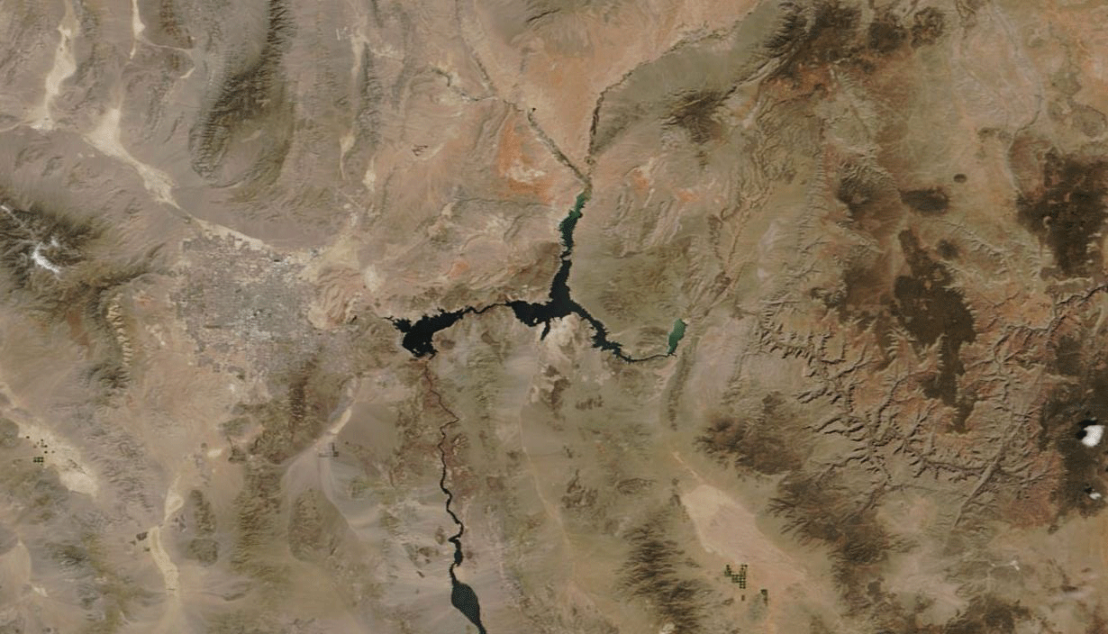 This comparison consists of Terra images showing Lake Mead and Las Vegas (to the left of the lake). One was acquired on April 2, 2000 and the other on the same date in 2018. The lake has shrunk significantly thanks to drought, while the city has grown enormously. (Images: NASA Worldview. Animation: Tom Yulsman)