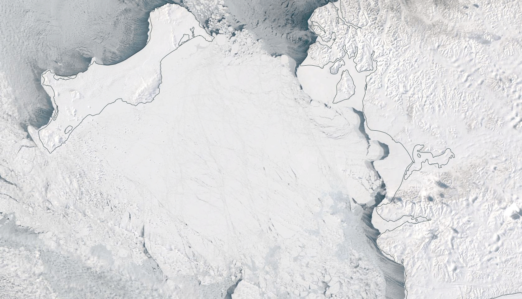 A comparison of Terra satellite images focusing on the area near the Bering Strait between Alaska and Russia. In the image acquired on March 24, 2000, the sea is choked with floating ice. In the one acquired on March 25, 2018, there is dramatically less ice coverage. (Images: NASA Worldview. Animation: Tom Yulsman)