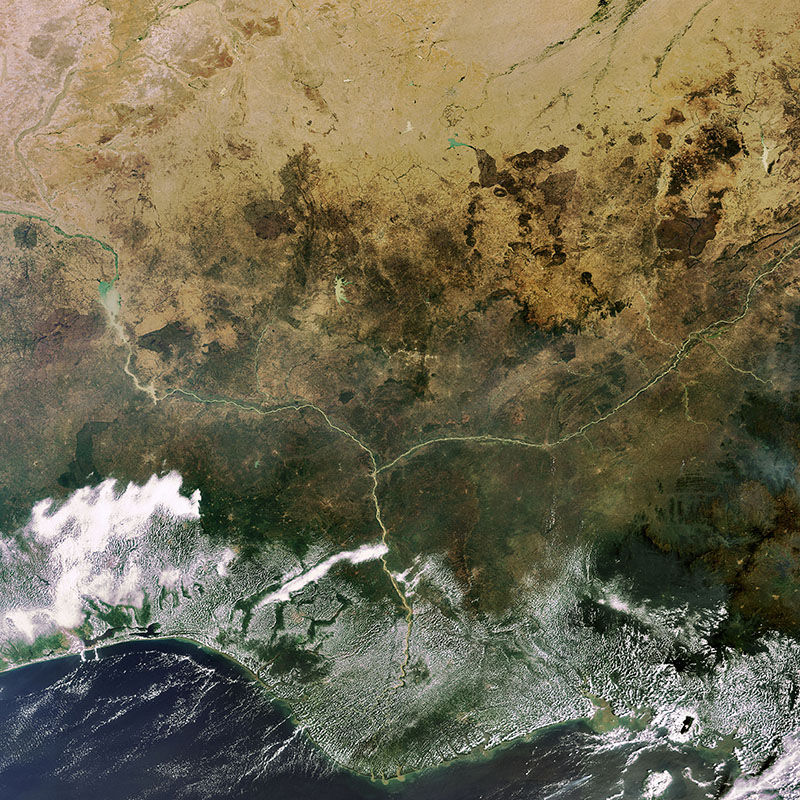 The Niger Delta (bottom) and most of Nigeria in an 2008 Envisat image. ESA.