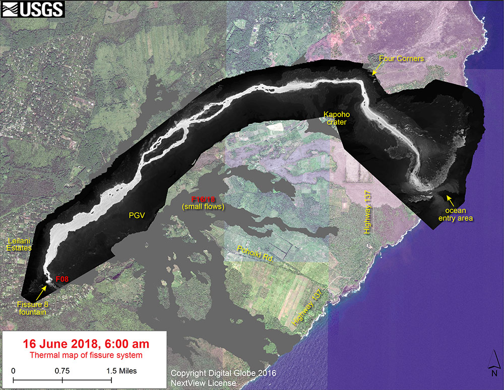 Thermal map of the Leilani Estates Lava flow field, showing the ocean entry at the former Kapoho Bay. USGS/HVO.