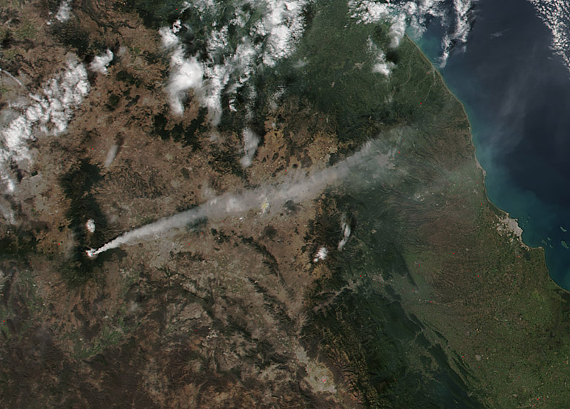 A steam-and-ash plume from PopocatÃ©petl in Mexico. NASA Earth Observatory.