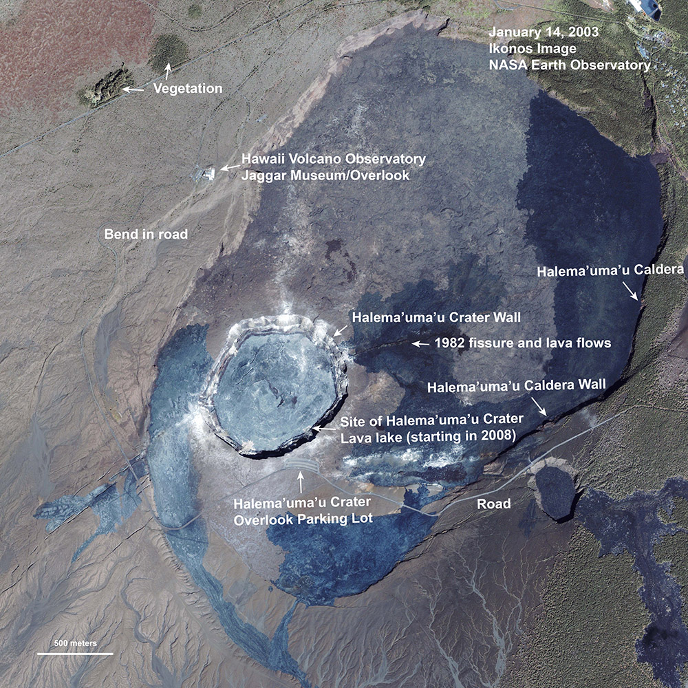 Annotated image of the summit of KÄ«lauea seen in January 2003. NASA Earth Observatory, annotated by Erik Klemetti.