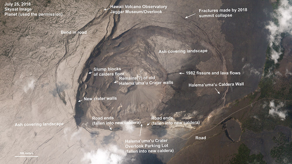 Annotated image of KÄ«lauea's summit, taken July 2018. Planet (used by permission).