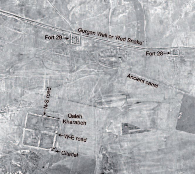 An aerial image of the Gorgan Wall showing the canal and two fortresses. (Credit: U.S. Geological Survey)