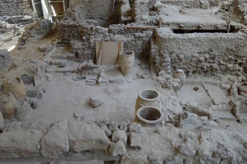 The ancient Minoan town of Akrotiri on Santorini was damaged by earthquakes before the eruption, then buried under ash. (Credit: Gretchen Gibbs/Courtesy University of Arizona)