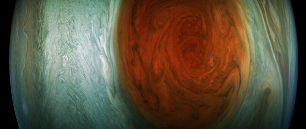 Taken by one of Juno's fly-bys in 2017, this color enhanced image shows a close-up of the massive storm. (Credit: NASA/JPL-Caltech/SwRI/MSSS/Gerald Eichstad)