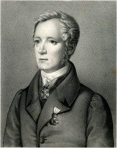 A black and white painted portrait of 19th century anthropologist Friedrich Tiedemann.