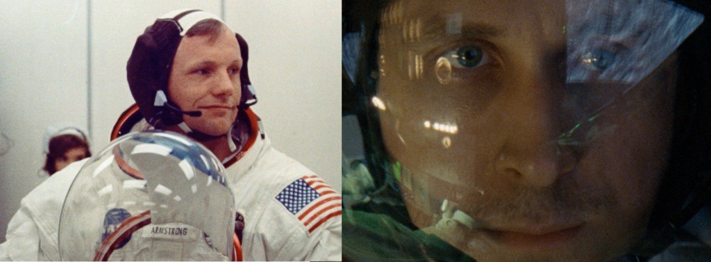 The real Neil (left), suiting up for Apollo 11 on July 16, 1969; the movie Neil (right) gets his closeup. (Credit: NASA, Universal)