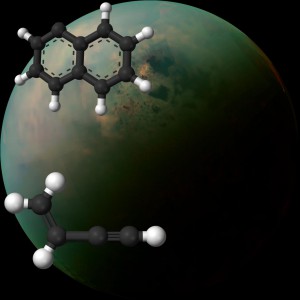By combining a two-ring molecule (pictured at the top-left) and a hydrocarbon (pictured at the bottom-left), scientists exploring Titan's atmosphere may have found clues as to how the moon's atmospheric haze formed. 