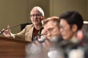 Moderator Corey Powell (wait--what?) discusses the future of the Red Planet with the Mars cast and showrunner Dee Johnson. (Credit: National Geographic)