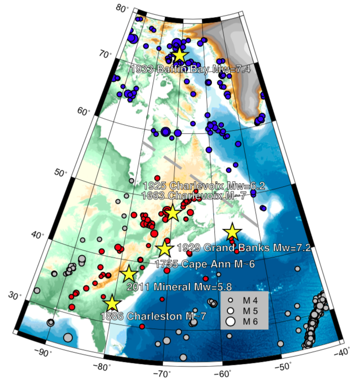 Locations of known major earthquakes in eastern North America (since 1985) and major earthquakes prior to that noted. From Neely and others (2018).