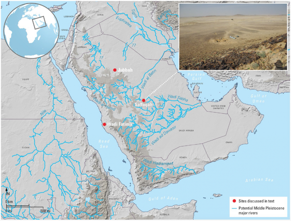 A map of Arabian river systems during the Middle Pleistocene, roughly 126,000-780,000 years ago, with key archaeological sites noted, including Saffaqah (inset photo). (Credit: Scerri et al 2018 doi:10.1038/s41598-018-35242-5)