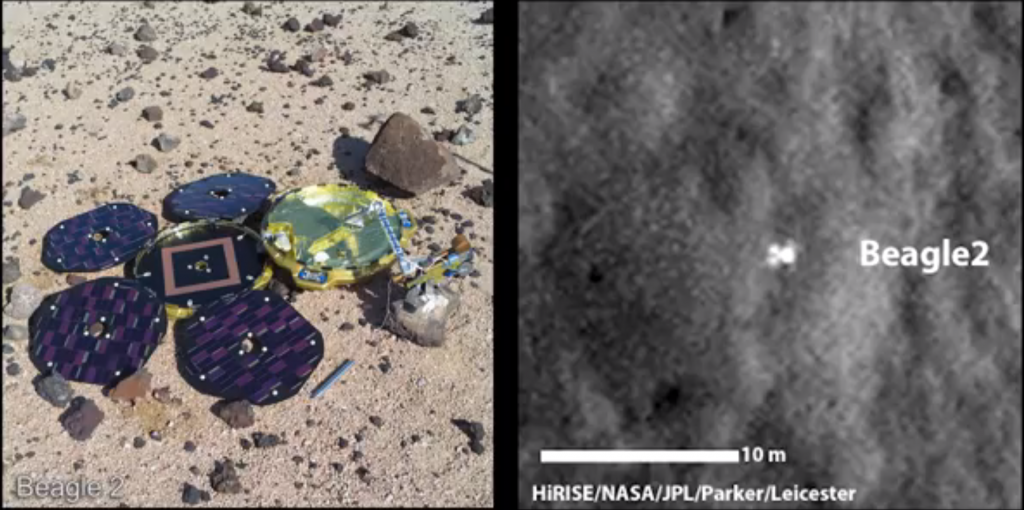 Beagle 2 (left) should have unfolded as seen above. Images from NASA's Mars Reconnaissance Orbiter (right) show that instead only a few of its solar panels unfolded as planned. Image Credit: NASA-JPL