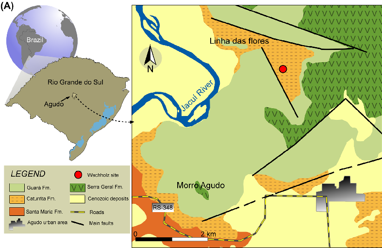 Brazil's southernmost state of Rio Grande do Sul is home to the fossilferous Wachholz site, near Agudo, where M. itaquii was found. (Credit: Zerfass et al 2007)