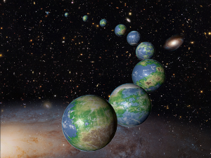 many earths stretching into space