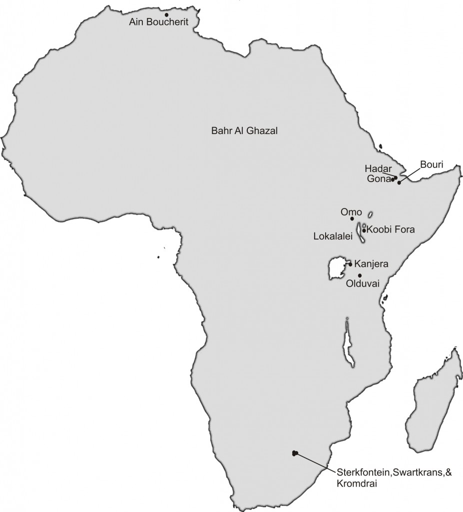 A map of Africa showing Ain Boucherit (within Ain Hanech study area) and other major sites in Africa with Oldowan and hominin fossils. [Credit: M. Sahnouni] 