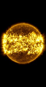 The sun emits powerful solar flares, captured here in a composite image from a year's worth of observations. Credit: NASA GSFC/SDO/S. Wiessinger